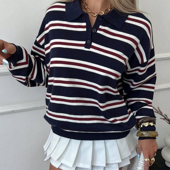 Navy Blue Casual Women's collar Striped knit Sweater top - Picture 4 of 7